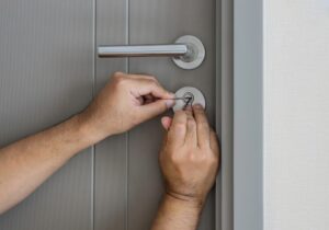 Slotenmaker opent voordeur met lockpick gereedschap.