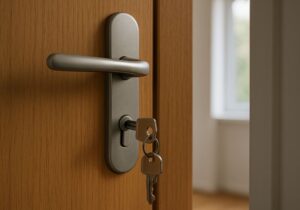 Close-up van een houten binnendeur met sleutel vergeten in het slot