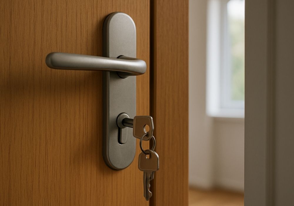 Close-up van een houten binnendeur met sleutel vergeten in het slot