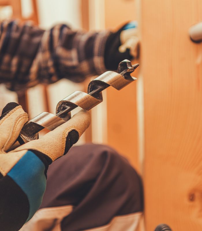 Vakman boort gat in houten plank